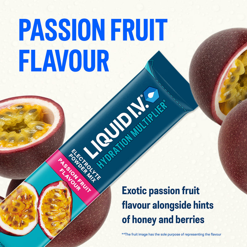 Liquid I.V. passion fruit electrolyte powder sachets 3-pack, imported from the UK