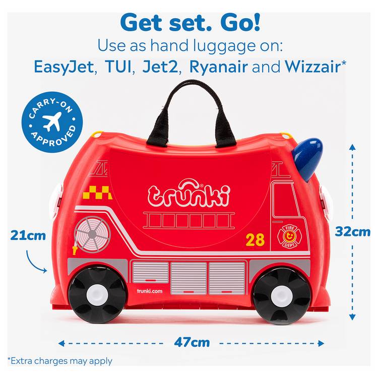 Trunki Frank Firetruck ride-on suitcase red, imported from the UK