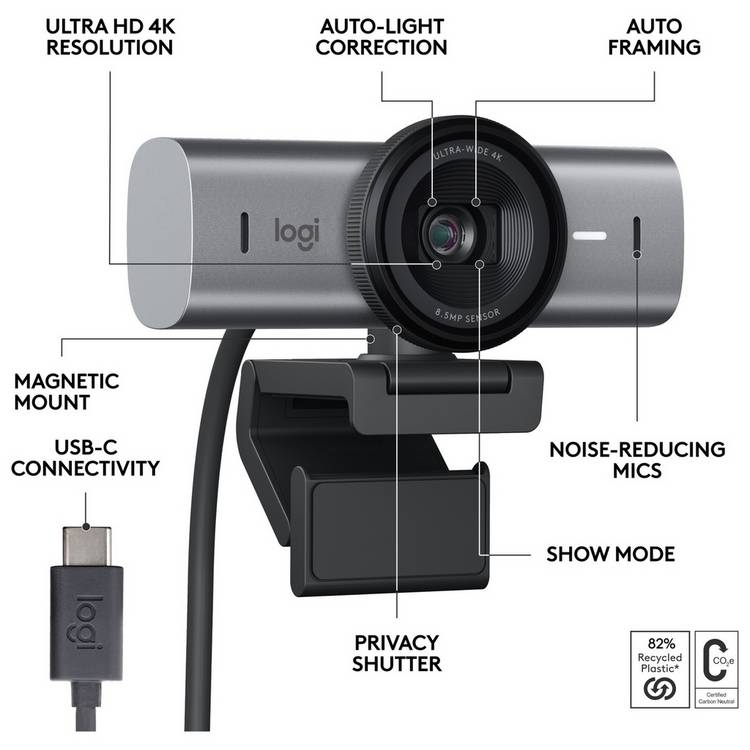 Logitech MX Brio 4K UHD webcam with Sony STARVIS sensor (British brand)