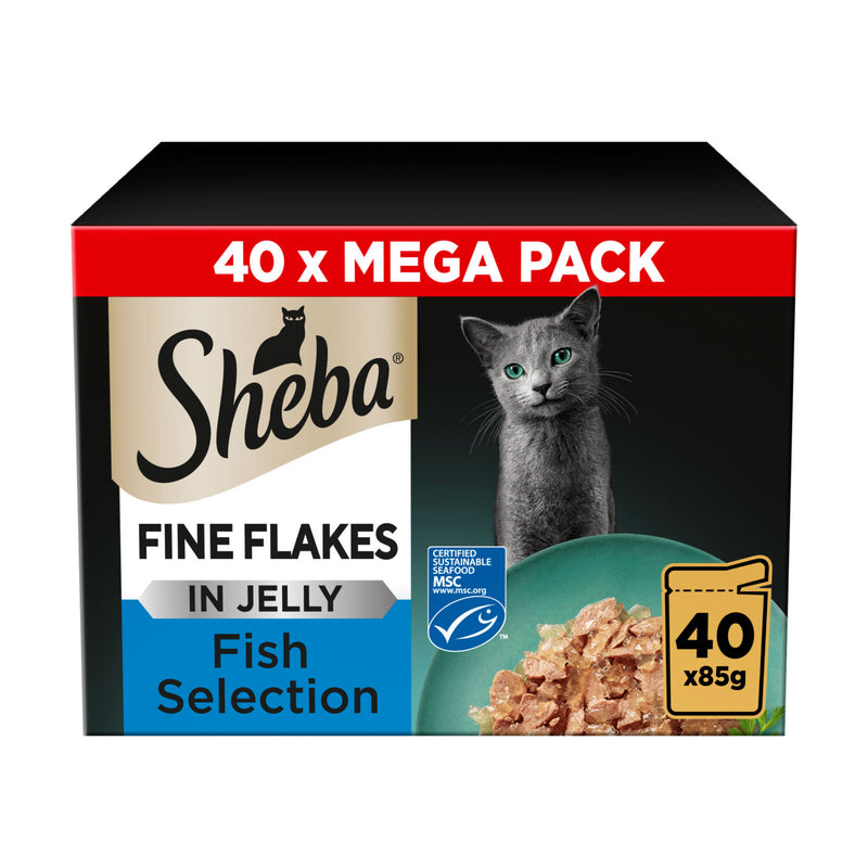 Sheba Fine Flakes wet cat food fish selection in jelly 40 x 85g pouches (British brand)