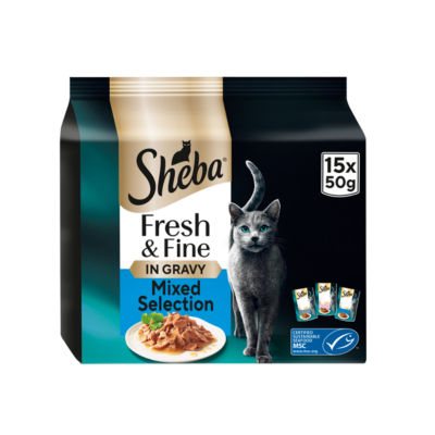 Sheba fish in gravy wet cat food 15 x 50g pouches (British brand)