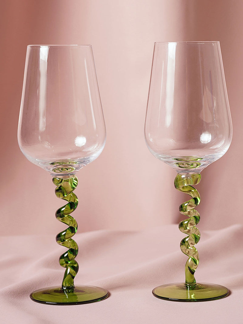 Widdop wine glasses green twisted stems pair, UK version