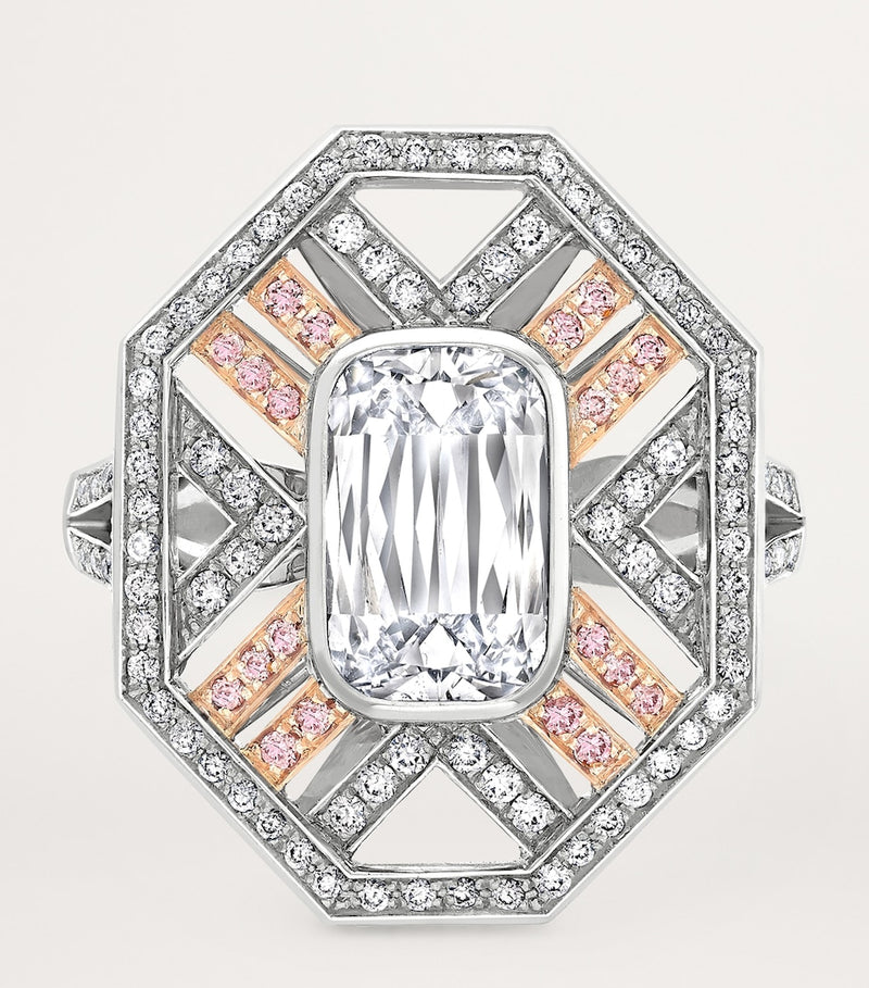 Boodles Ashoka diamond platinum ring with pink diamonds (British brand)
