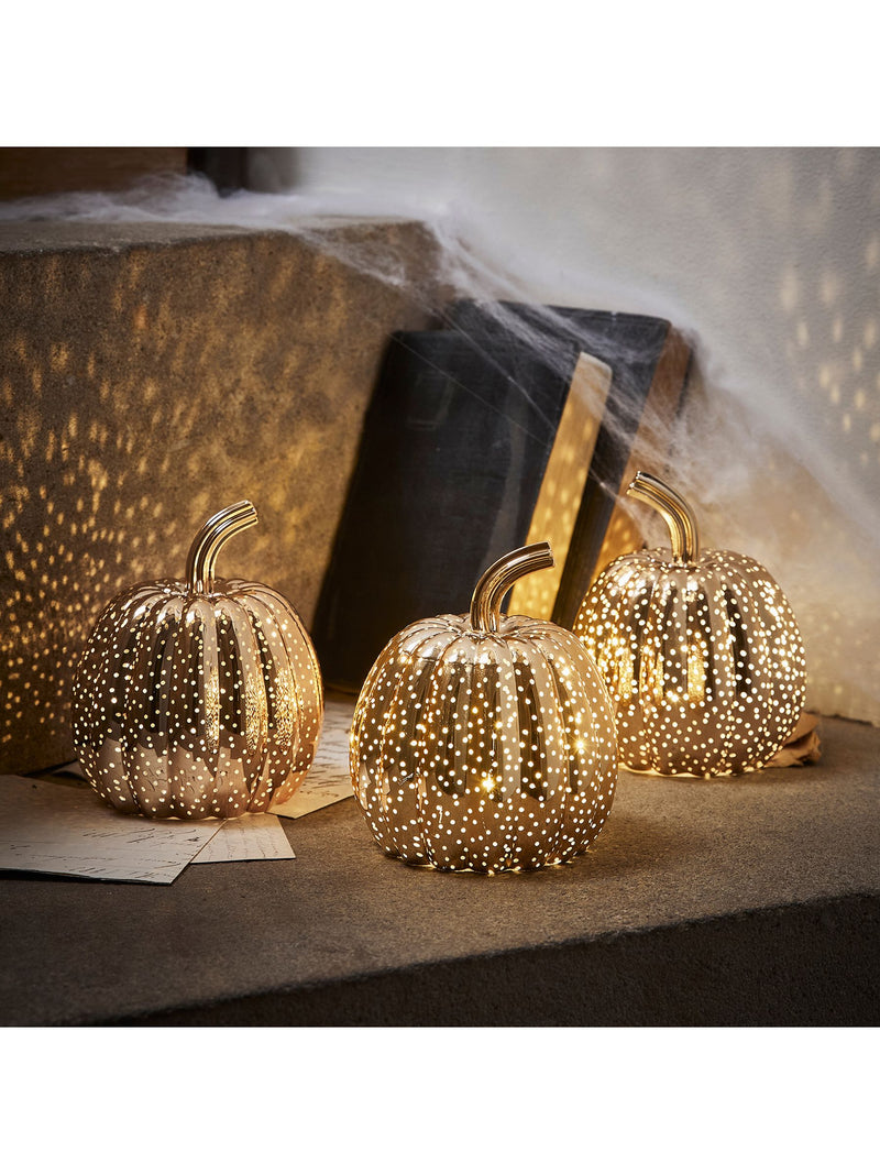 Lights4fun brass mottled light up glass pumpkin trio, UK version