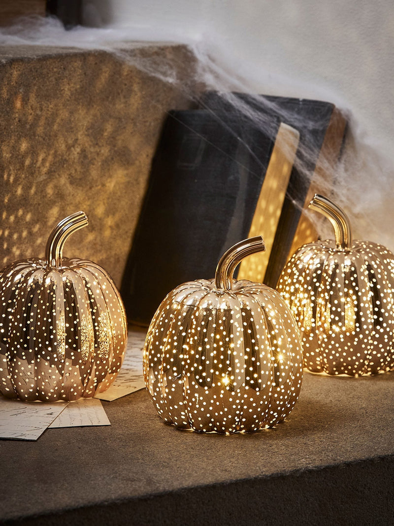 Lights4fun brass mottled light up glass pumpkin trio, UK version