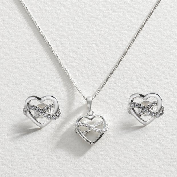 Revere silver cubic zirconia heart pendant and earrings set, imported from the UK