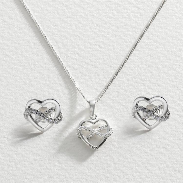 Revere silver cubic zirconia heart pendant and earrings set, imported from the UK