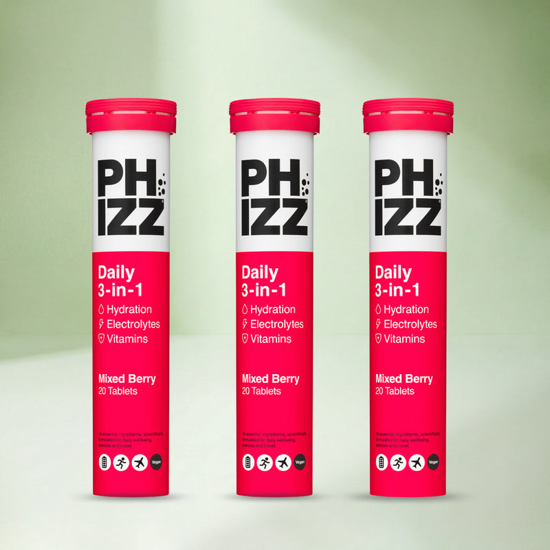 Phizz Daily Energy mixed berry hydration effervescent tablets, UK version