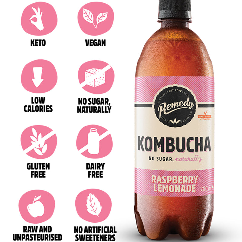 Remedy Raspberry Lemonade Kombucha 700ml bottle, imported from the UK