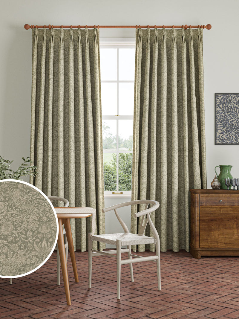 William Morris curtains green Strawberry Thief made-to-measure, imported from the UK