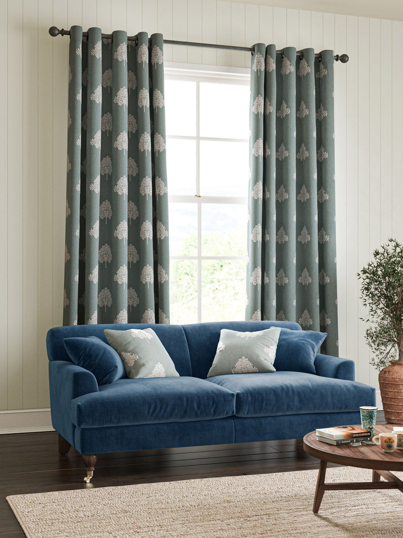 William Morris curtains with Blue Marigold tree embroidery, imported from the UK