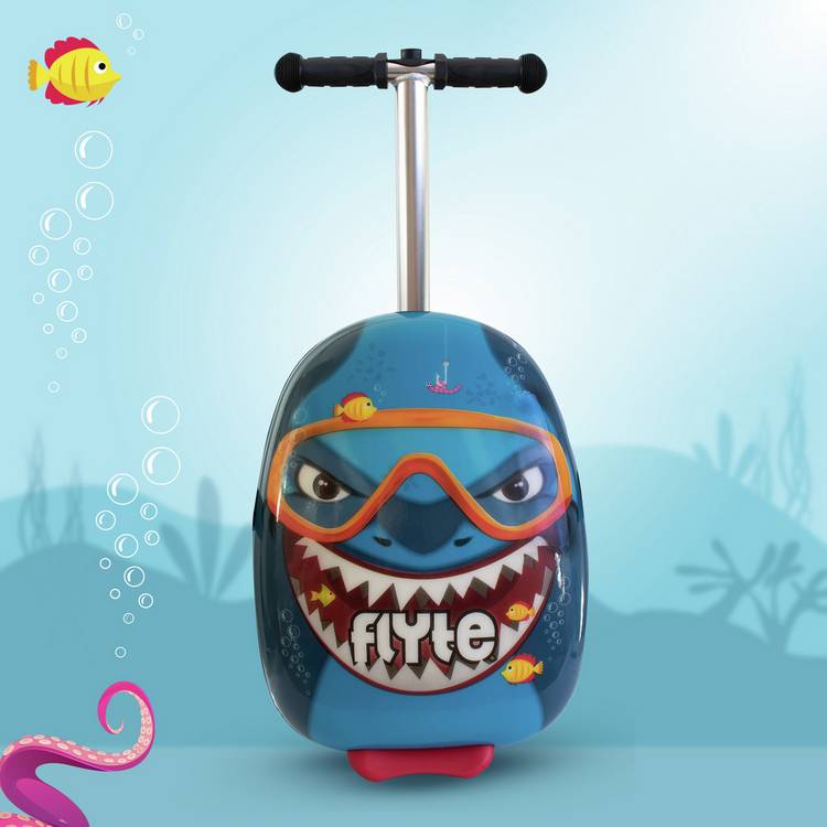 Flyte Stormy the Shark folding tri scooter suitcase in blue, UK version