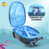 Flyte Stormy the Shark folding tri scooter suitcase in blue, UK version