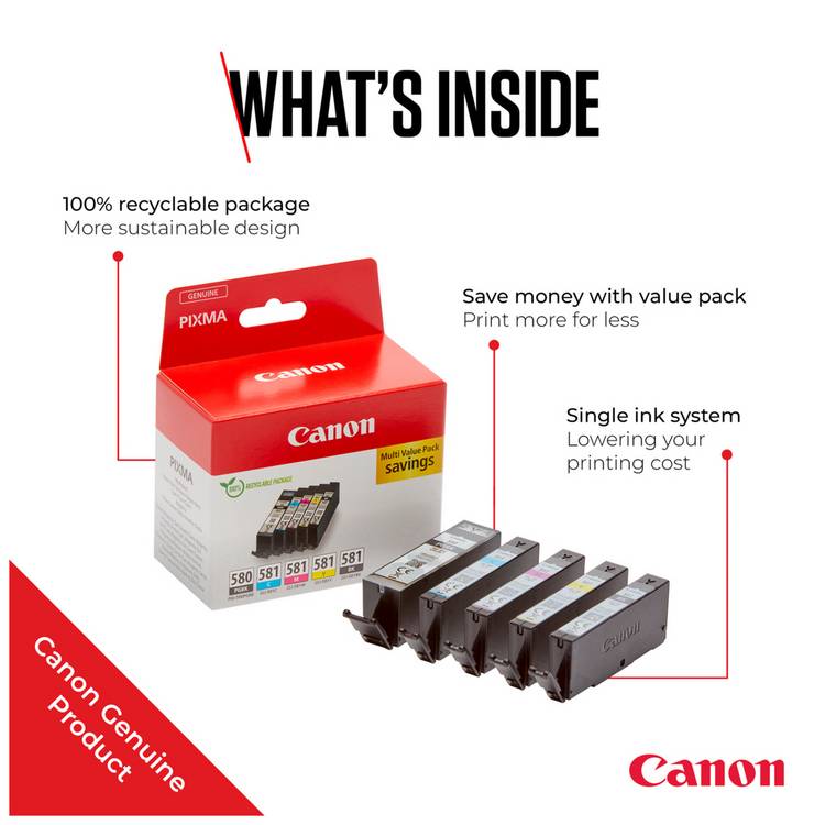 Canon PGI-580PGBK CLI-581 ink cartridges 5-pack, imported from the UK