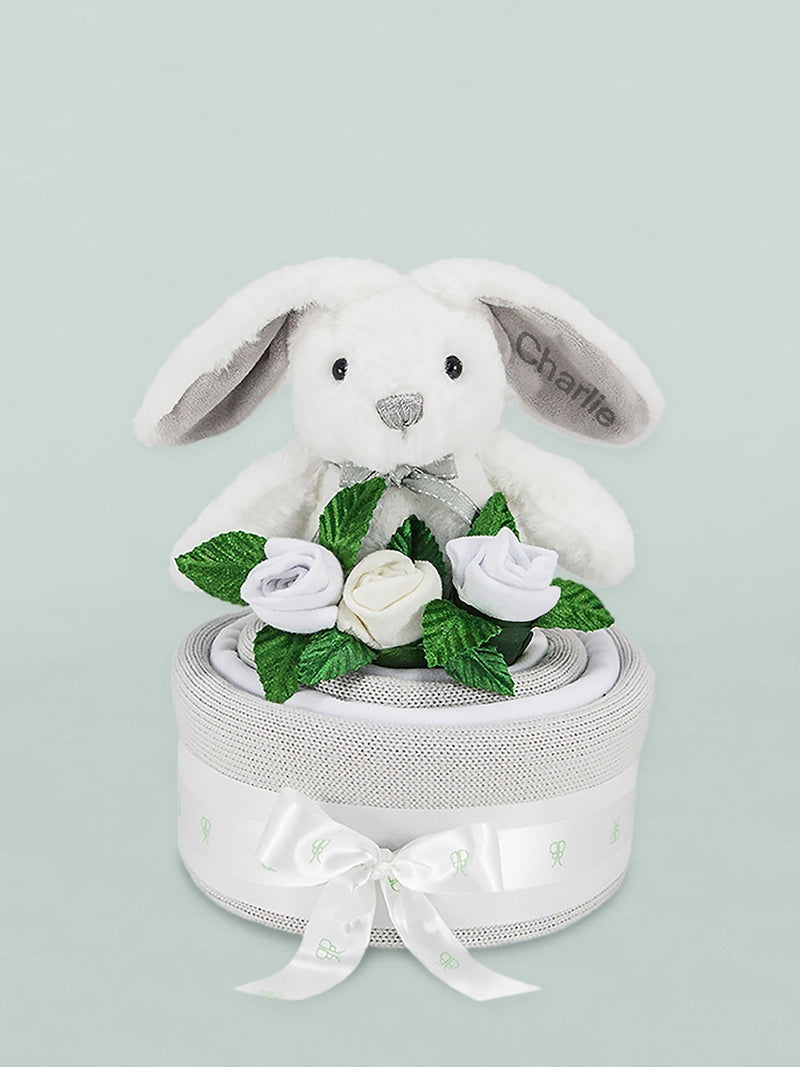 Babyblooms grey cake blanket with personalised bunny toy (British brand)