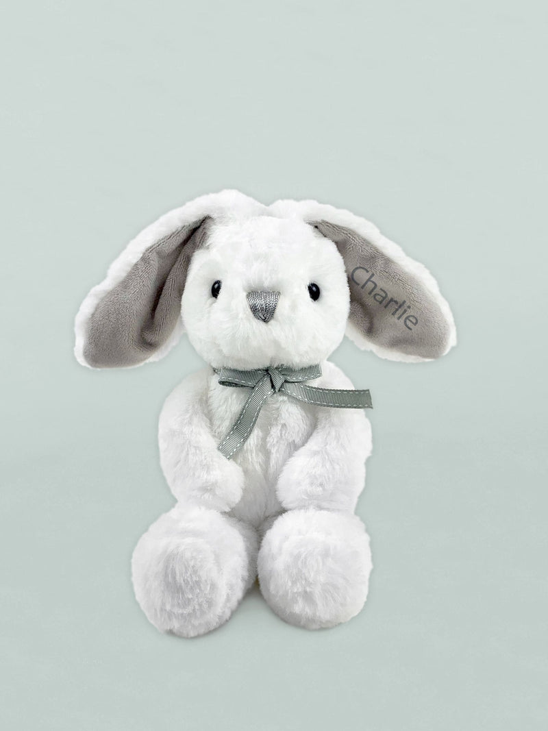 Babyblooms grey cake blanket with personalised bunny toy (British brand)