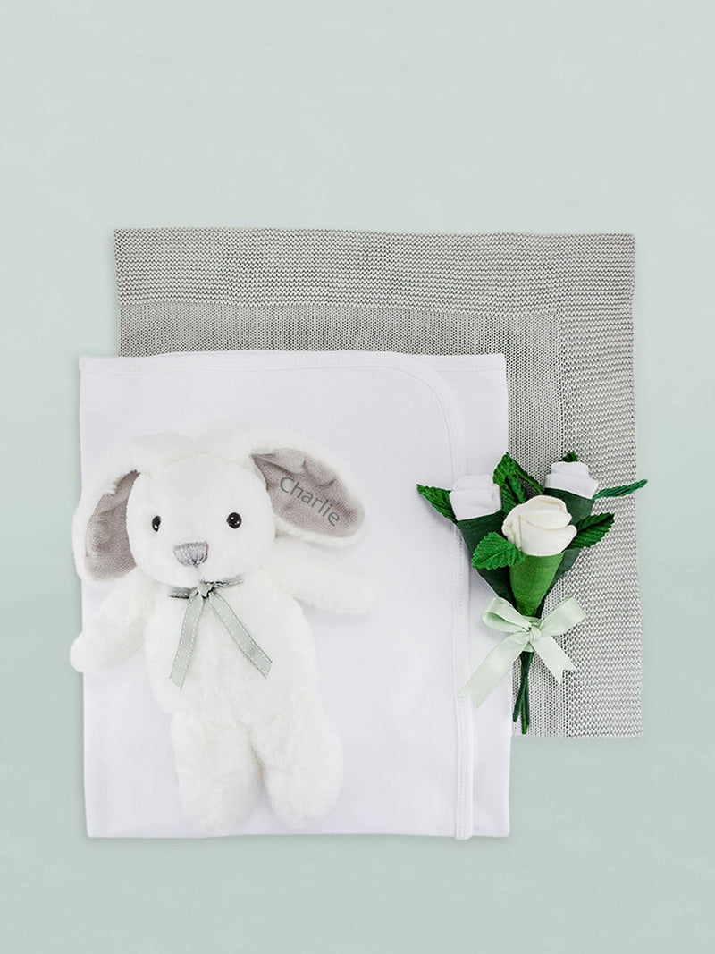 Babyblooms grey cake blanket with personalised bunny toy (British brand)