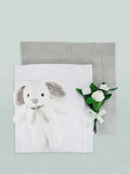 Babyblooms grey cake blanket with personalised bunny toy (British brand)