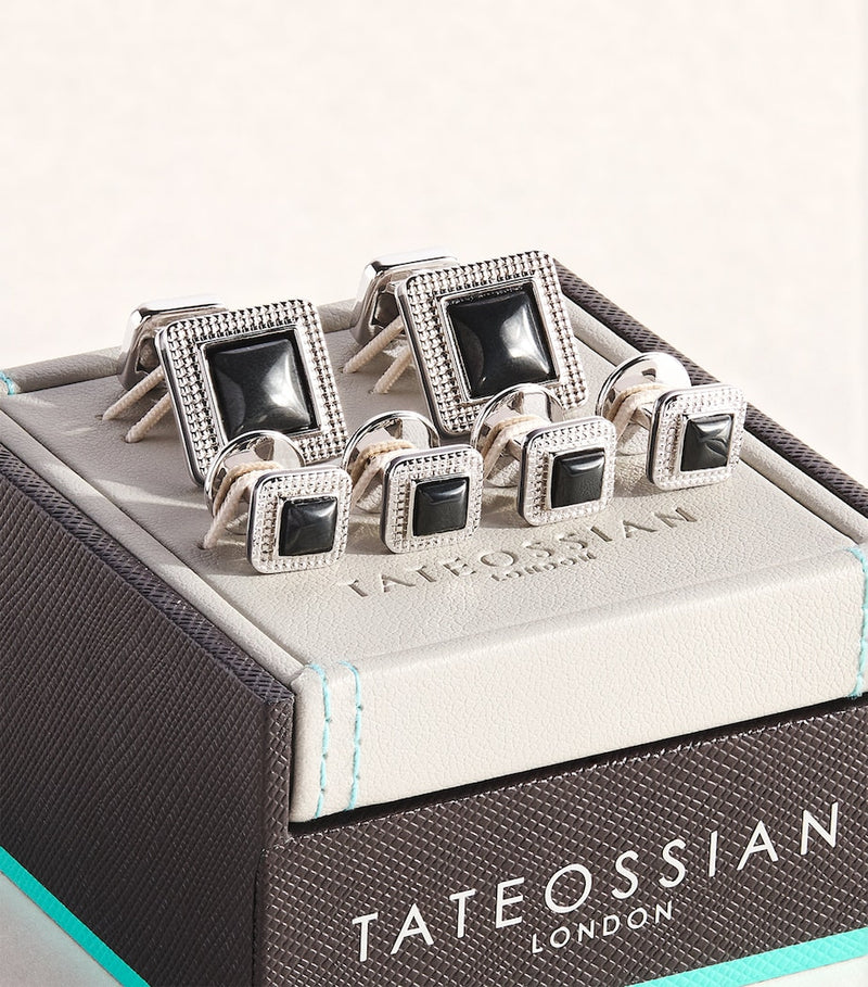 Tateossian palladium-plated cufflinks and studs set with hematite, imported from the UK