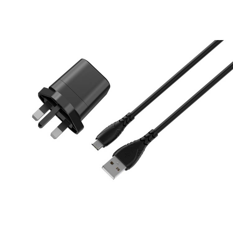 5W USB-A mains charger black with micro USB cable (British brand)