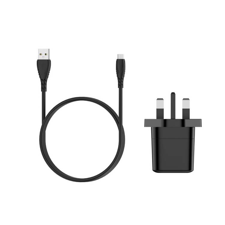 5W USB-A mains charger black with micro USB cable (British brand)
