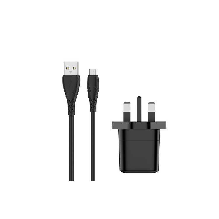 5W USB-A mains charger black with micro USB cable (British brand)