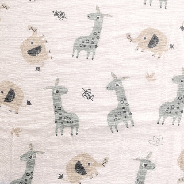 Ziggle Cotton Muslin Swaddle Wrap Grey Giraffe Elephants 120x120cm (British brand)