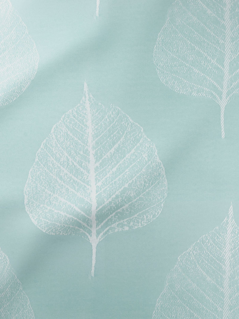 Jade Blue roller blind made to measure with woven leaf fabric, imported from the UK
