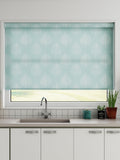 Jade Blue roller blind made to measure with woven leaf fabric, imported from the UK