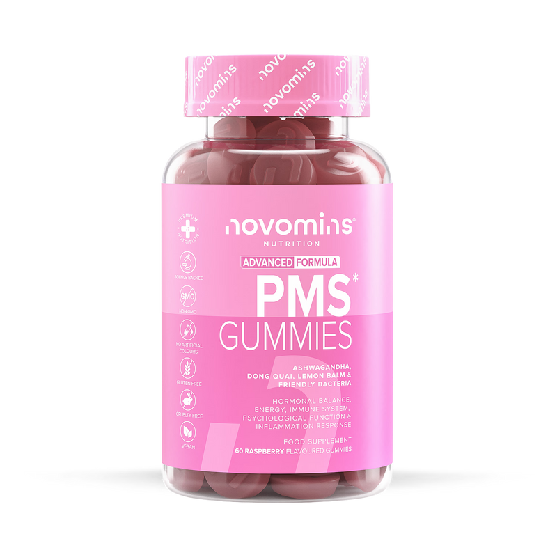 Novomins PMS Gummies Raspberry Flavoured 60 count, imported from the UK