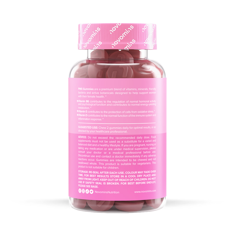 Novomins PMS Gummies Raspberry Flavoured 60 count, imported from the UK