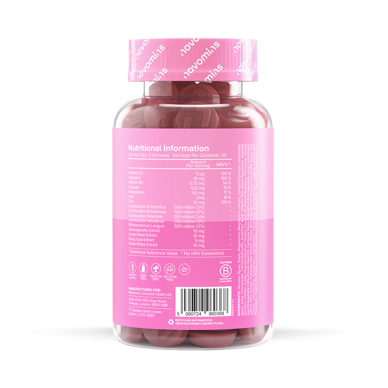 Novomins PMS Gummies Raspberry Flavoured 60 count, imported from the UK