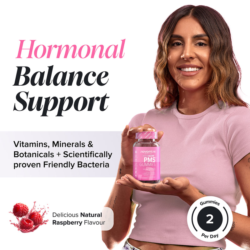 Novomins PMS Gummies Raspberry Flavoured 60 count, imported from the UK