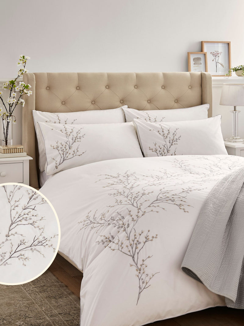 Laura Ashley Grey Dove Pussy Willow Sprig Embroidered Duvet Cover and Pillowcase Set, UK version