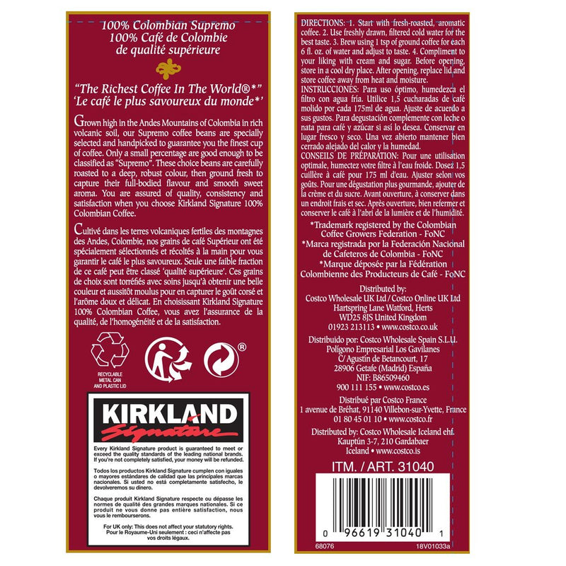 Kirkland Signature 100% Colombian ground filter coffee 1.362kg, UK version