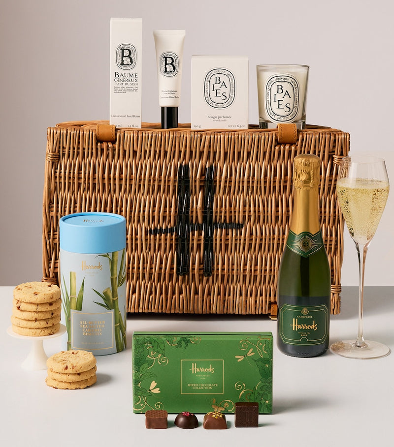 Harrods Pamper Hamper luxury gift basket with Champagne and scented candle, UK version