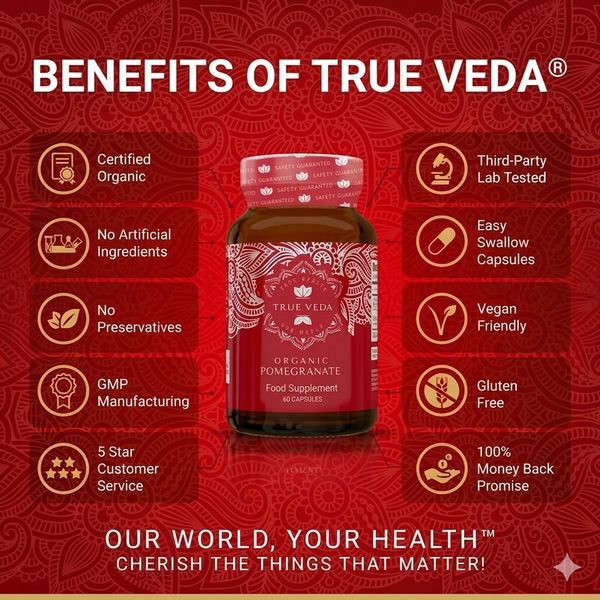 True Veda organic pomegranate supplement 180 capsules, imported from the UK