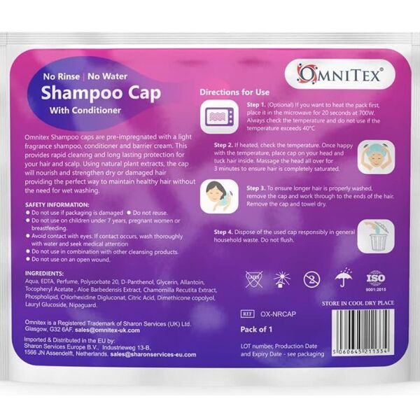 Omnitex rinse free shampoo cap 5 pack, imported from the UK