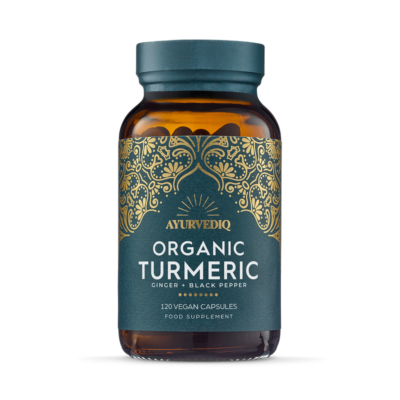 Ayurvediq organic turmeric ginger black pepper capsules 120 count, imported from the UK