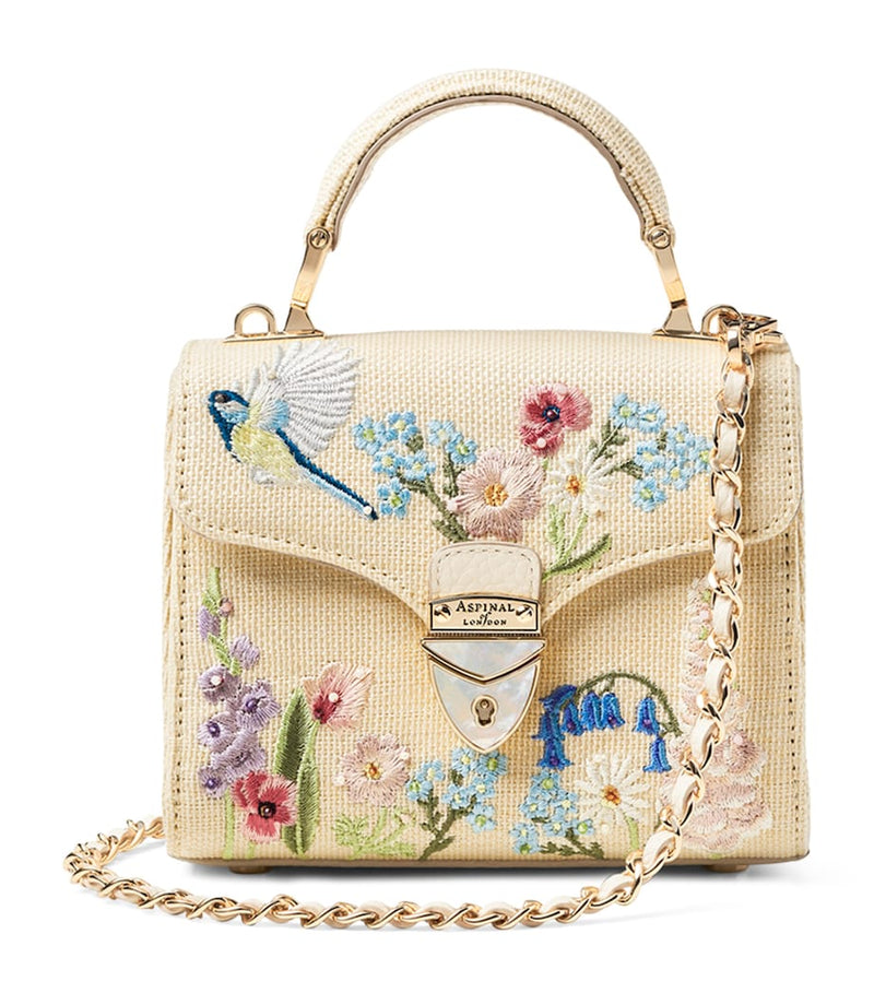 Aspinal Of London mini raffia floral embroidery Mayfair bag, imported from the UK
