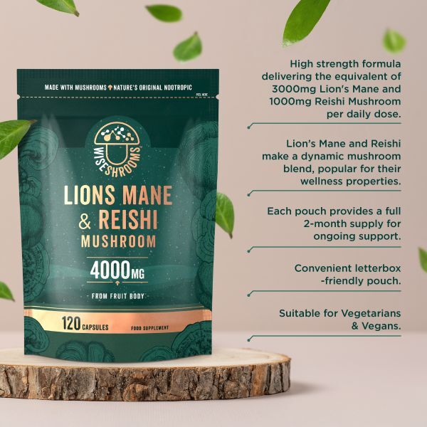 Wiseshrooms Lions Mane and Reishi mushroom supplement 120 capsules, UK version