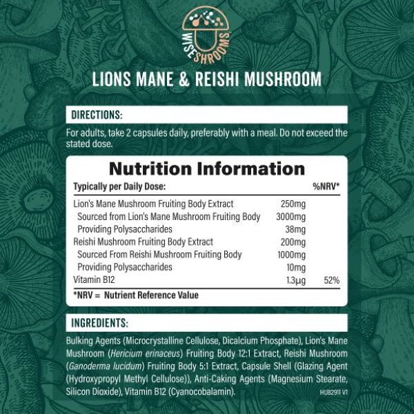Wiseshrooms Lions Mane and Reishi mushroom supplement 120 capsules, UK version