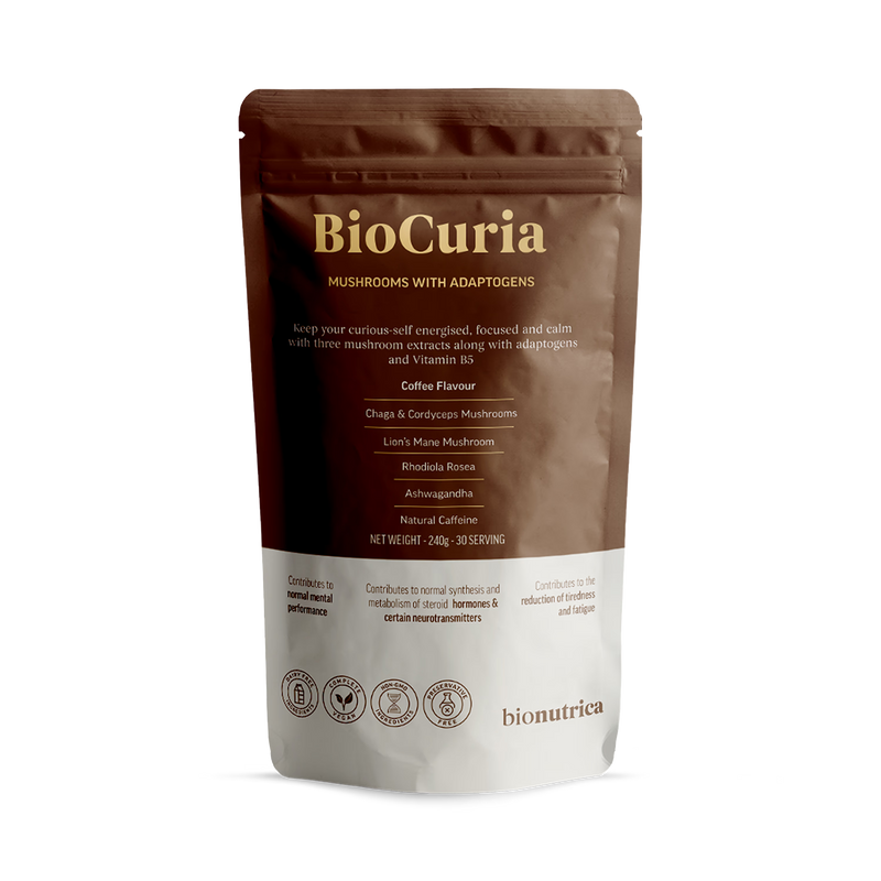 Bionutrica BioCuria mushroom coffee supplement 240g, imported from the UK