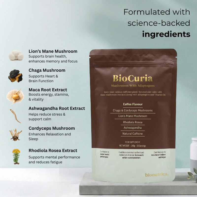 Bionutrica BioCuria mushroom coffee supplement 240g, imported from the UK