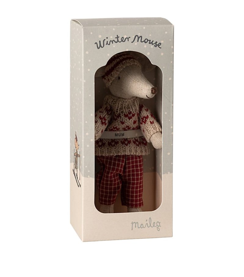 Maileg Winter Mouse Mum soft toy with skis 19cm, imported from the UK