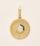 Azlee small yellow gold eternity coin charm with hexagon diamond (British brand)