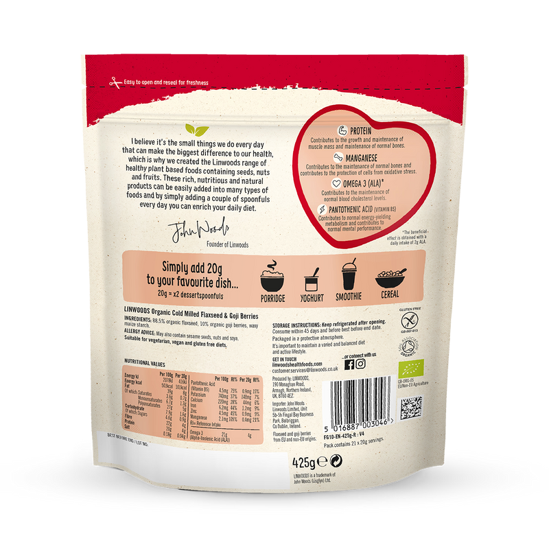 Linwoods milled flaxseed goji berries 425g, imported from the UK