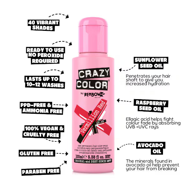 Crazy Color Vermillion Red semi permanent hair dye - British product