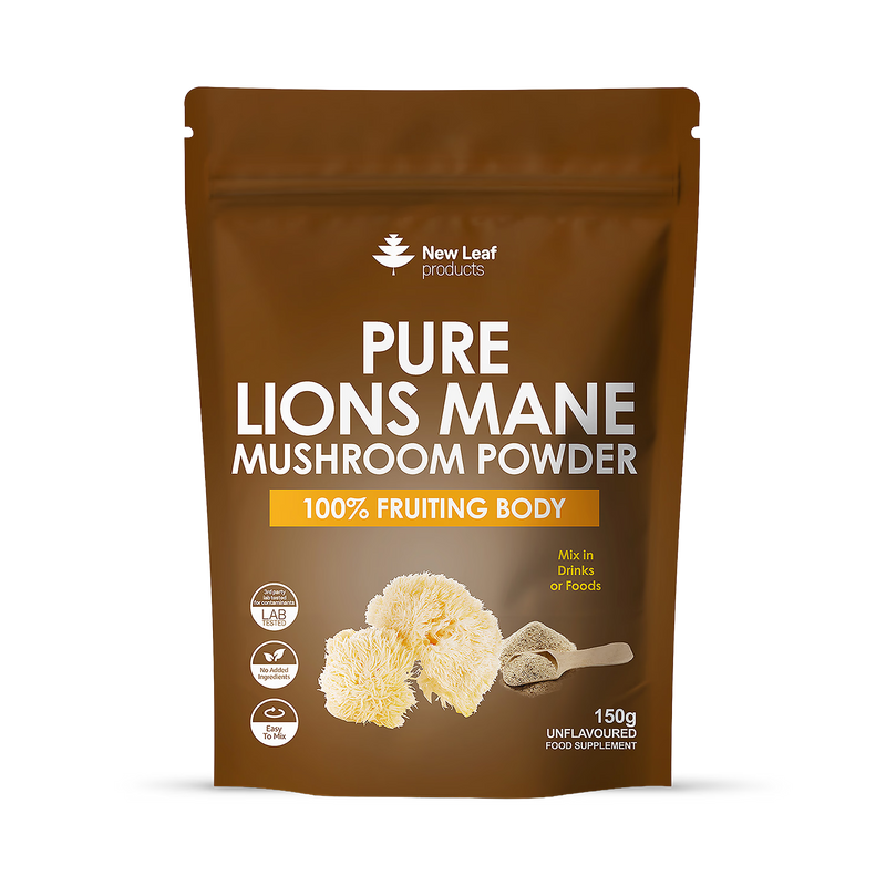 New Leaf Products Lion's Mane Mushroom Powder 150g, imported from the UK