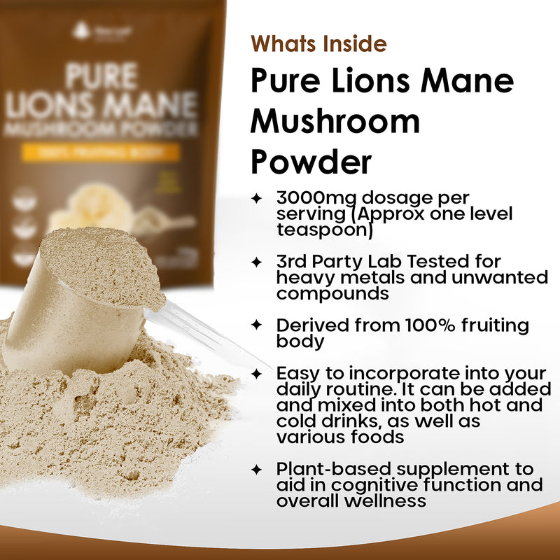 New Leaf Products Lion's Mane Mushroom Powder 150g, imported from the UK